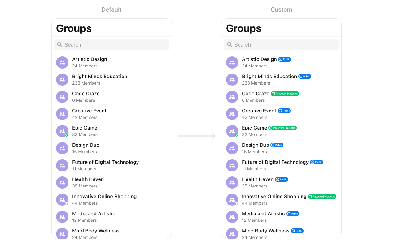 CometChatGroups with custom titleView showing group name with public badge indicator