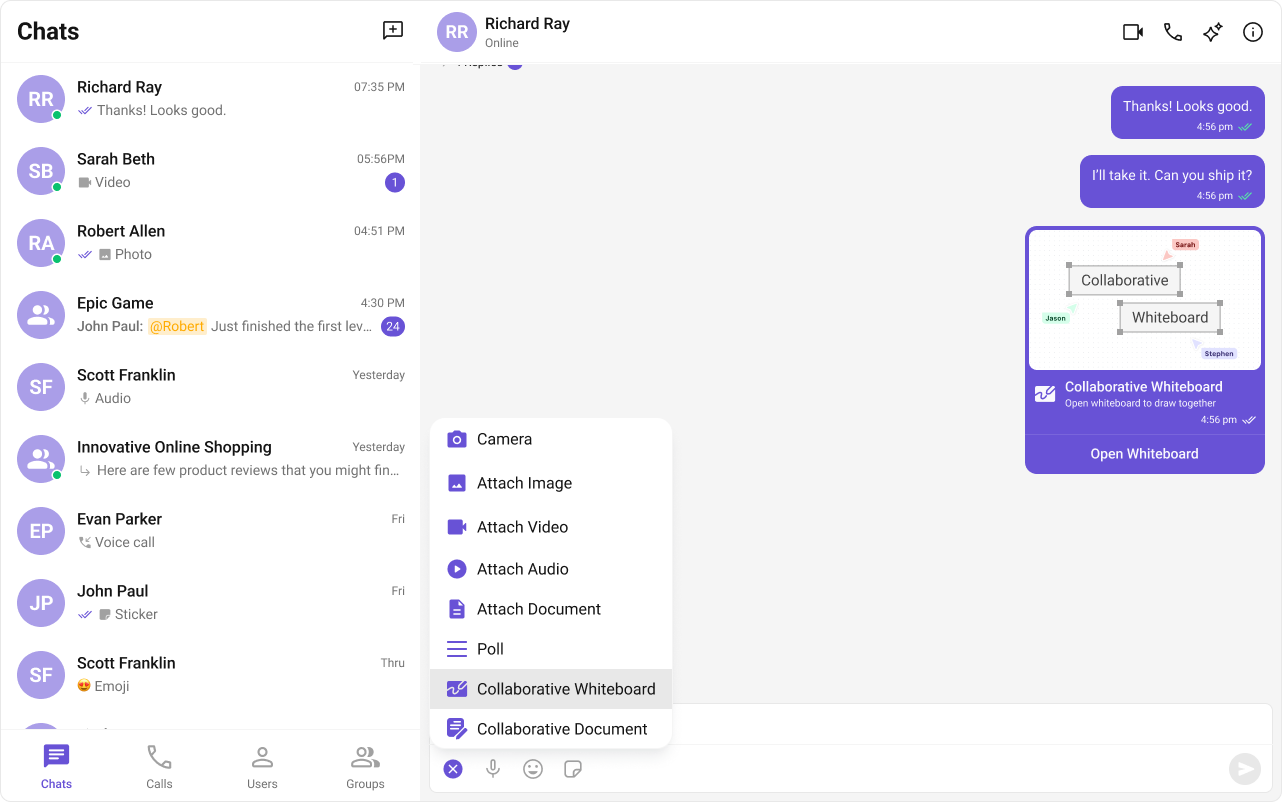 Collaborative whiteboard interface