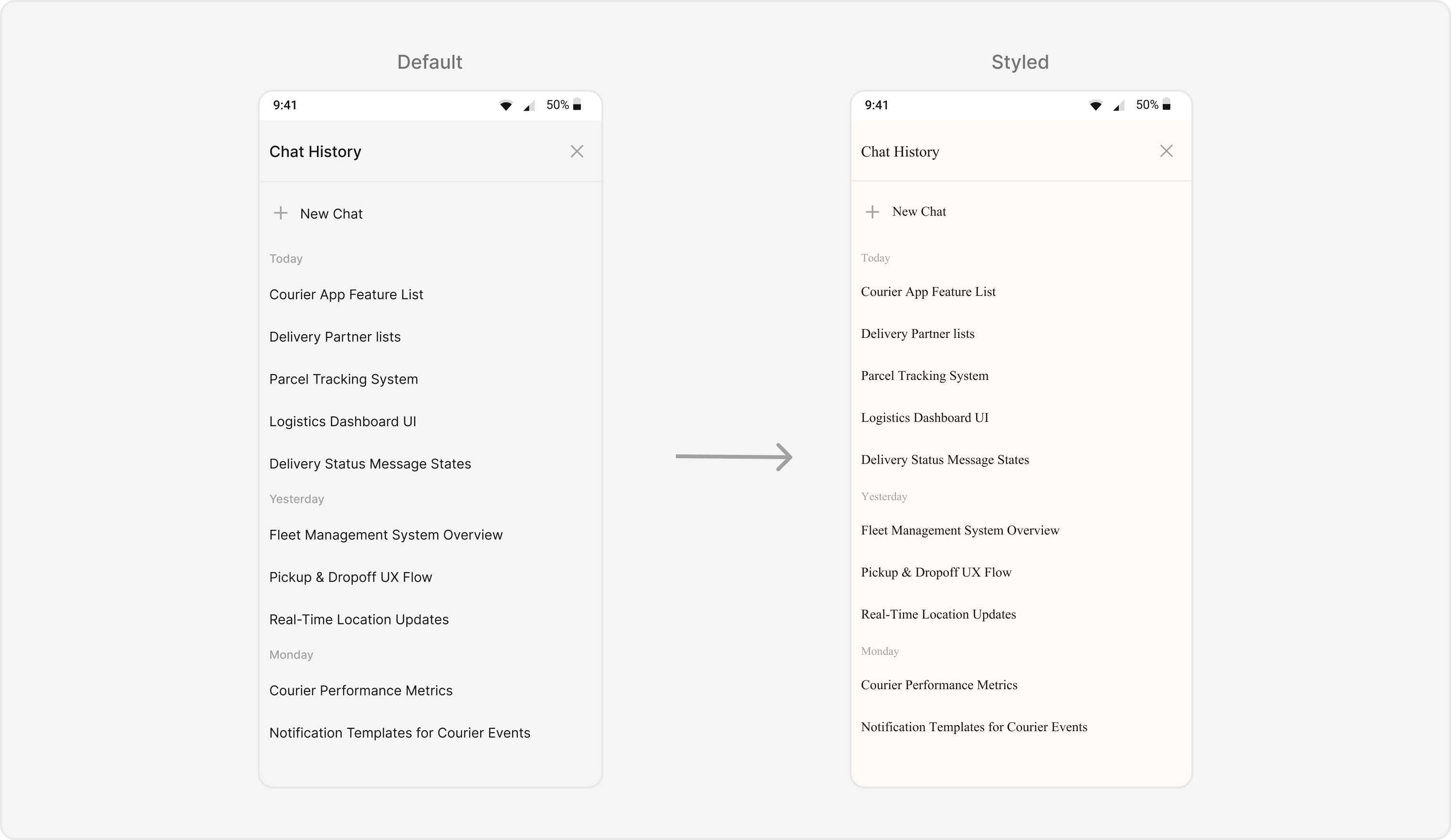 AI assistant chat history styling preview