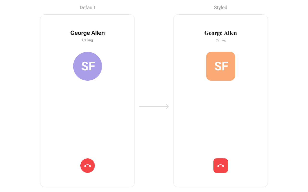 CometChatOutgoingCall with custom styling showing custom fonts and rounded decline button
