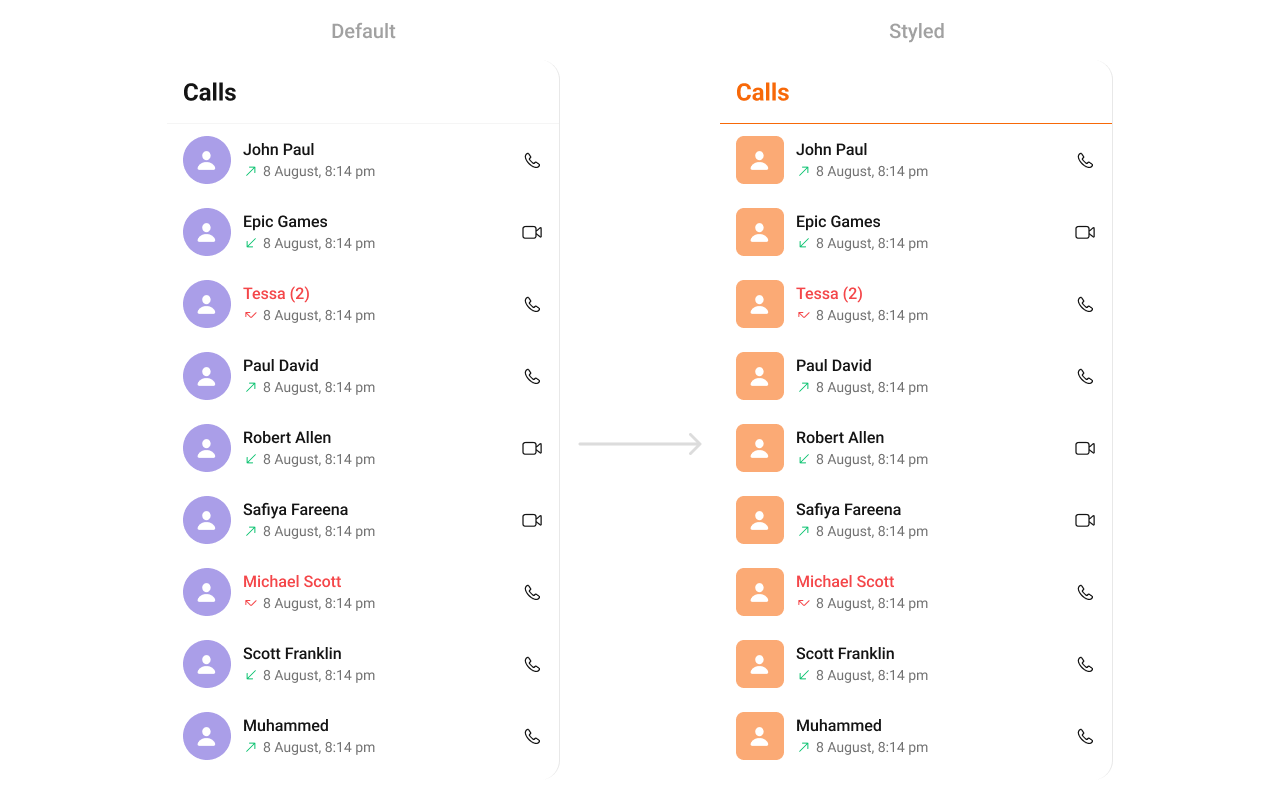 CometChatCallLogs with custom styling showing orange title text and rounded avatar with custom background color