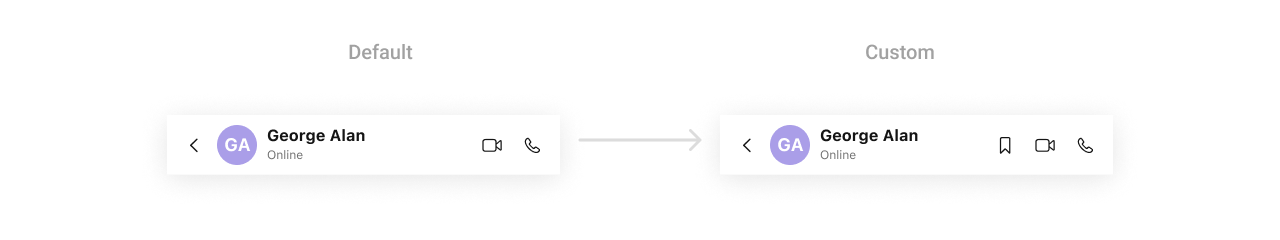 CometChatMessageHeader with custom trailView showing video call, voice call, and bookmark buttons