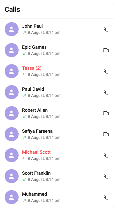 CometChatCallLogs showing a list of call history with caller names, call types, and timestamps