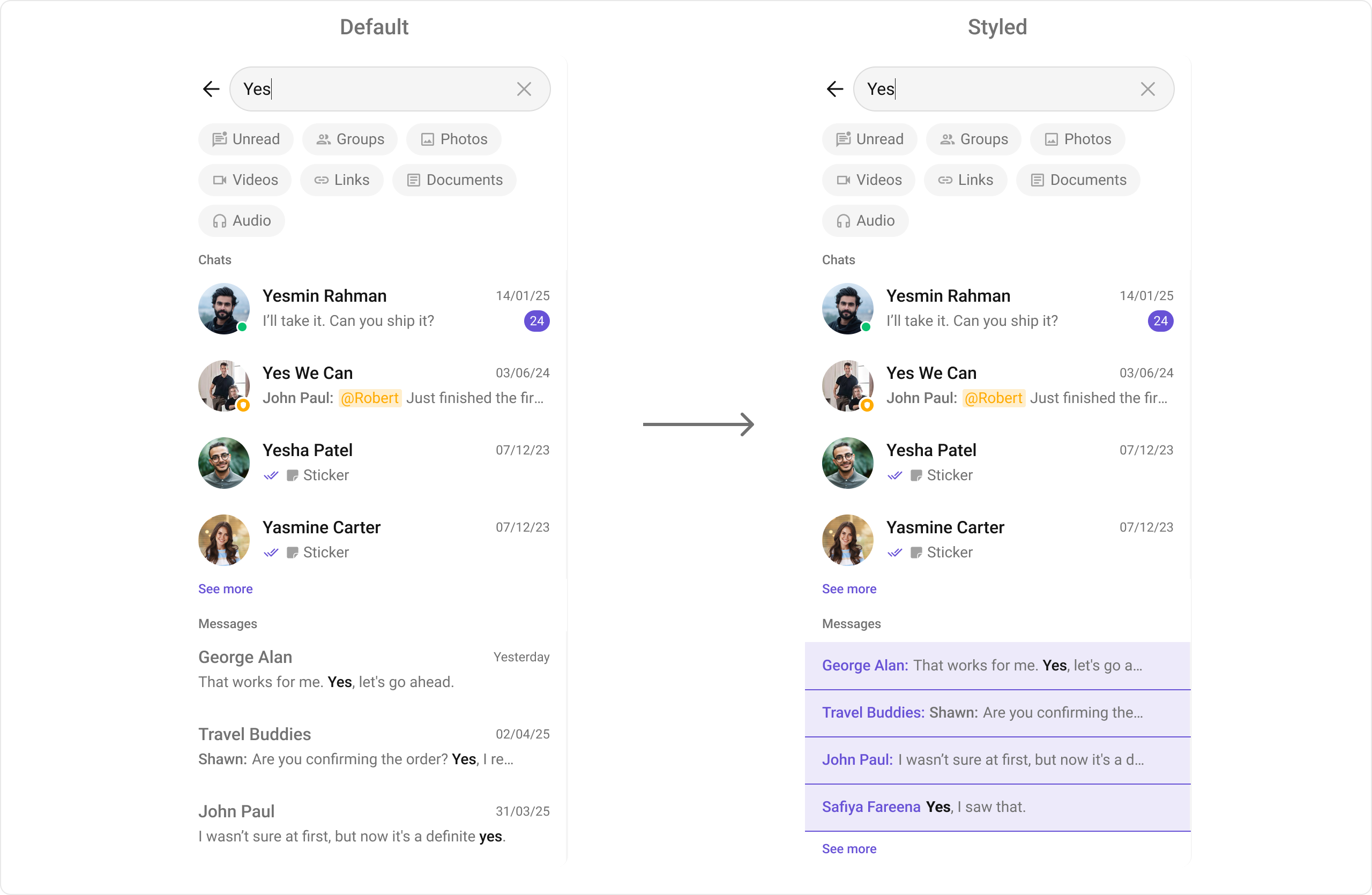 CometChatSearch with custom message item view showing sender name and message text in a customized layout with purple accent styling