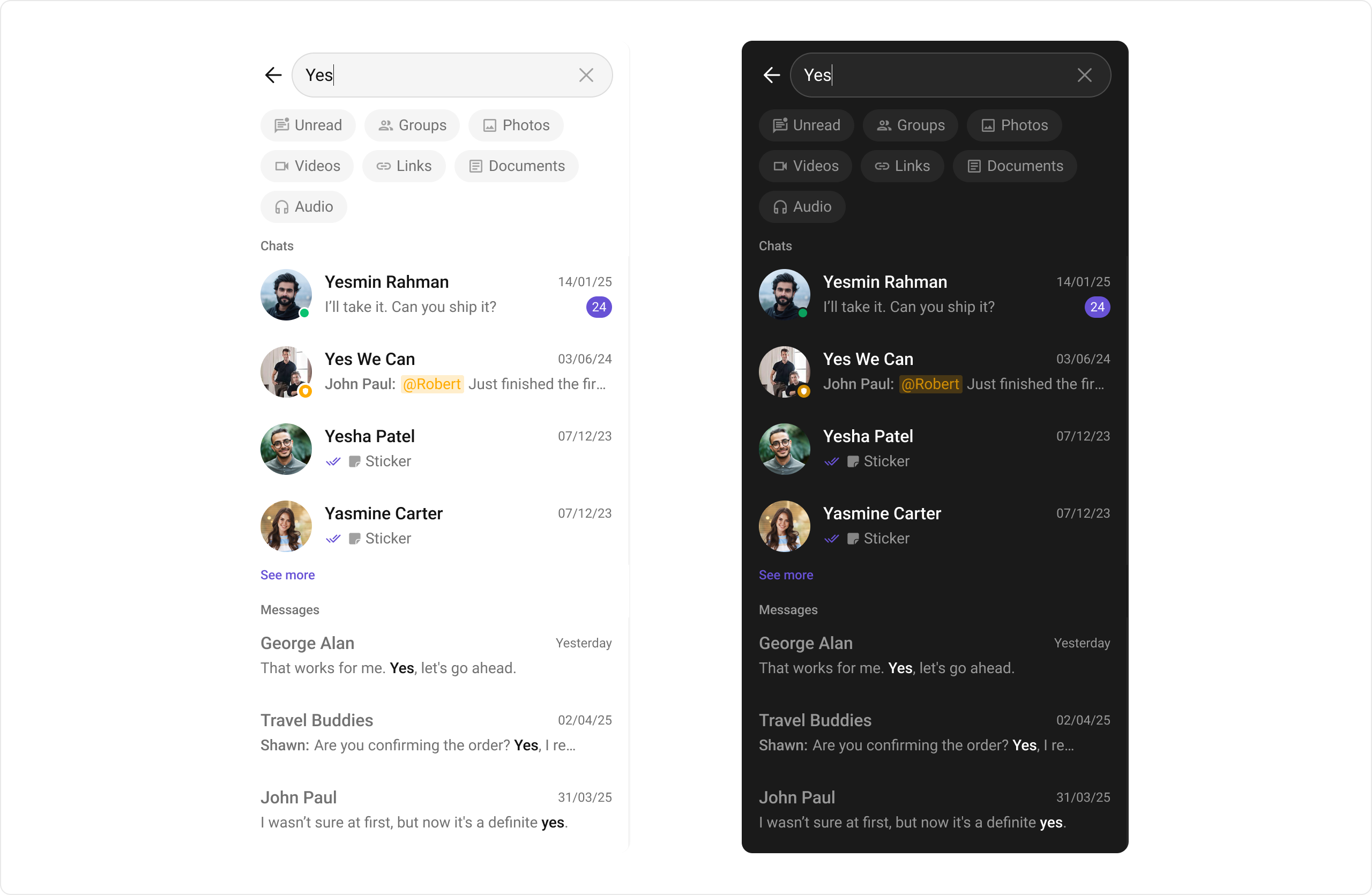 CometChatSearch showing the search interface with search bar, filter options, and search results displaying conversations and messages