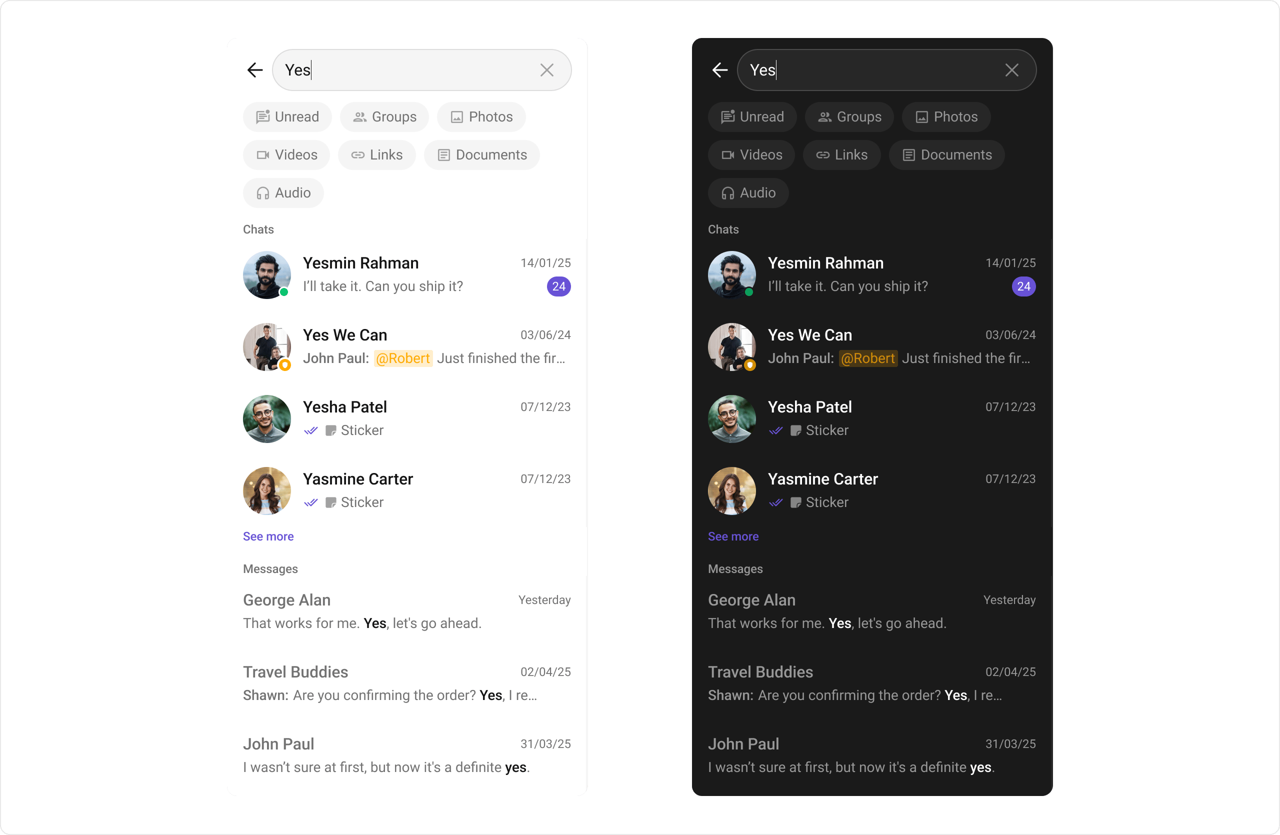 CometChatSearch showing the search interface with search bar, filter options, and search results displaying conversations and messages