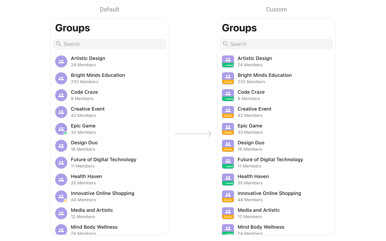 CometChatGroups with custom leadingView showing customized avatar area with icon and join button