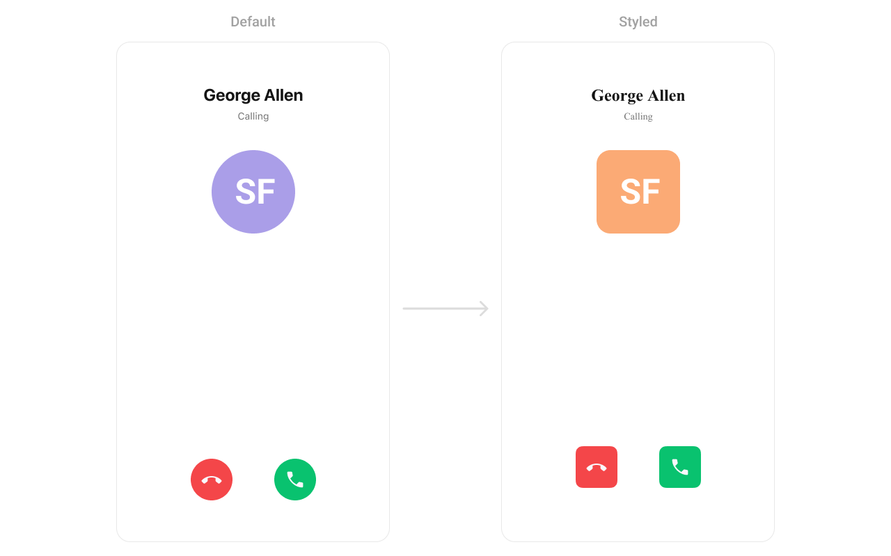 CometChatIncomingCall with custom styling showing custom fonts and rounded button corners