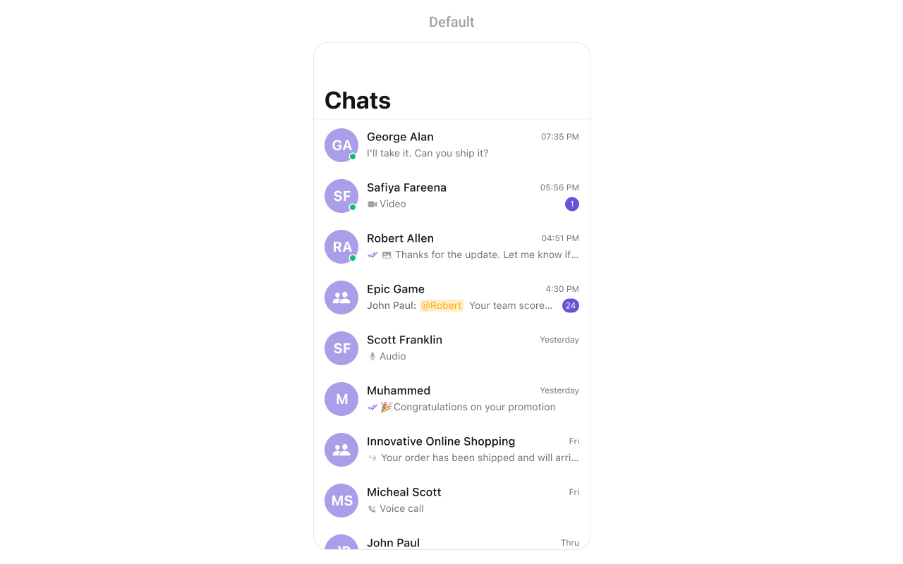 CometChatConversations showing a list of recent conversations with user avatars, last message previews, timestamps, and unread message badges