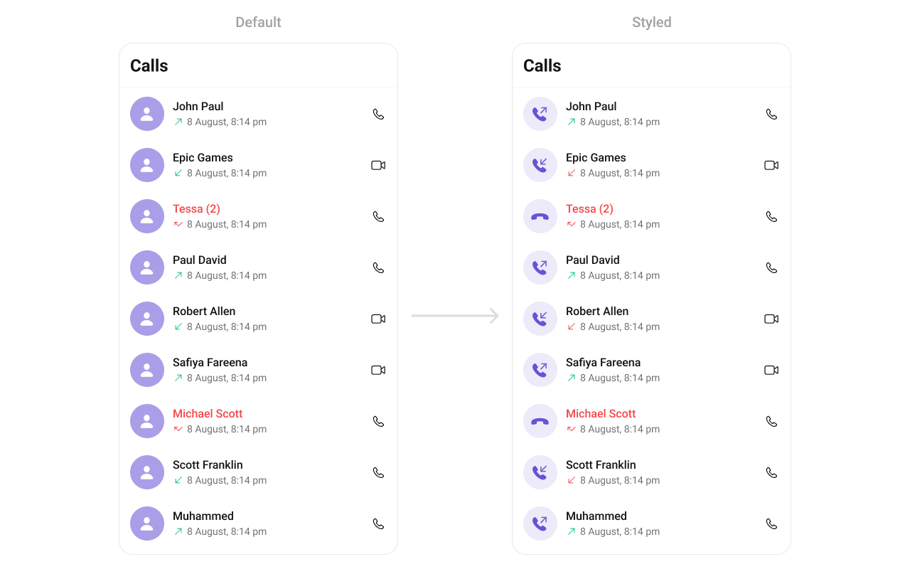 CometChatCallLogs with custom leading view showing purple circular call icon button