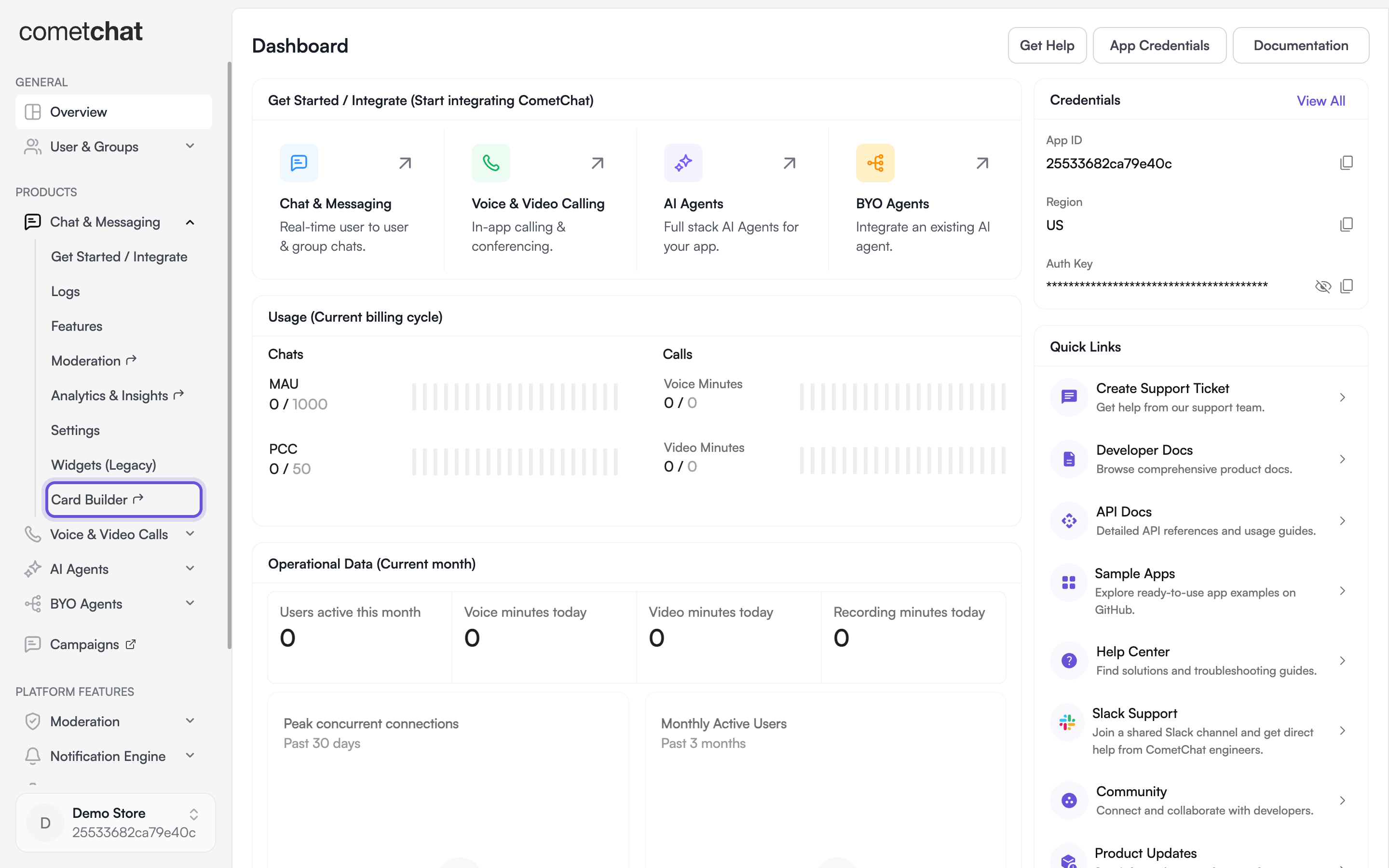 The CometChat Dashboard sidebar with Chat & Messaging expanded and the Card Builder menu item highlighted