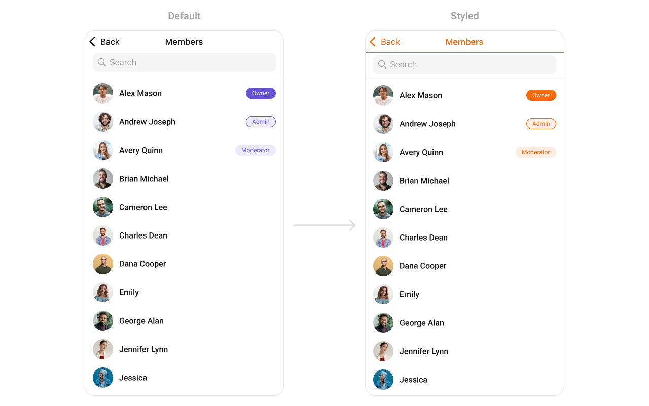CometChatGroupMembers with custom styling showing modified background color, title appearance, and list item styling