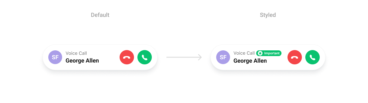 CometChatIncomingCall with custom title view showing Voice Call label with Important tag