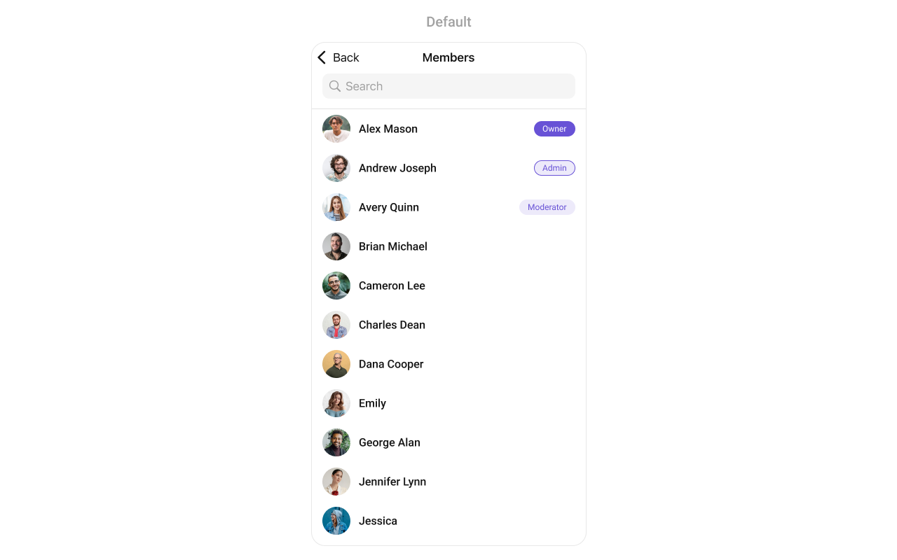 CometChatGroupMembers showing a list of group members with their avatars, names, and role badges indicating owner, admin, moderator, and participant status