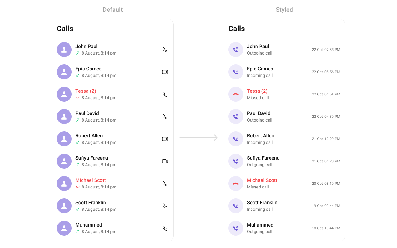 CometChatCallLogs with custom list item view showing call icon, caller name, subtitle, and date