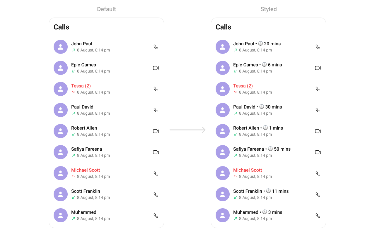CometChatCallLogs with custom title view showing caller name with clock icon and duration