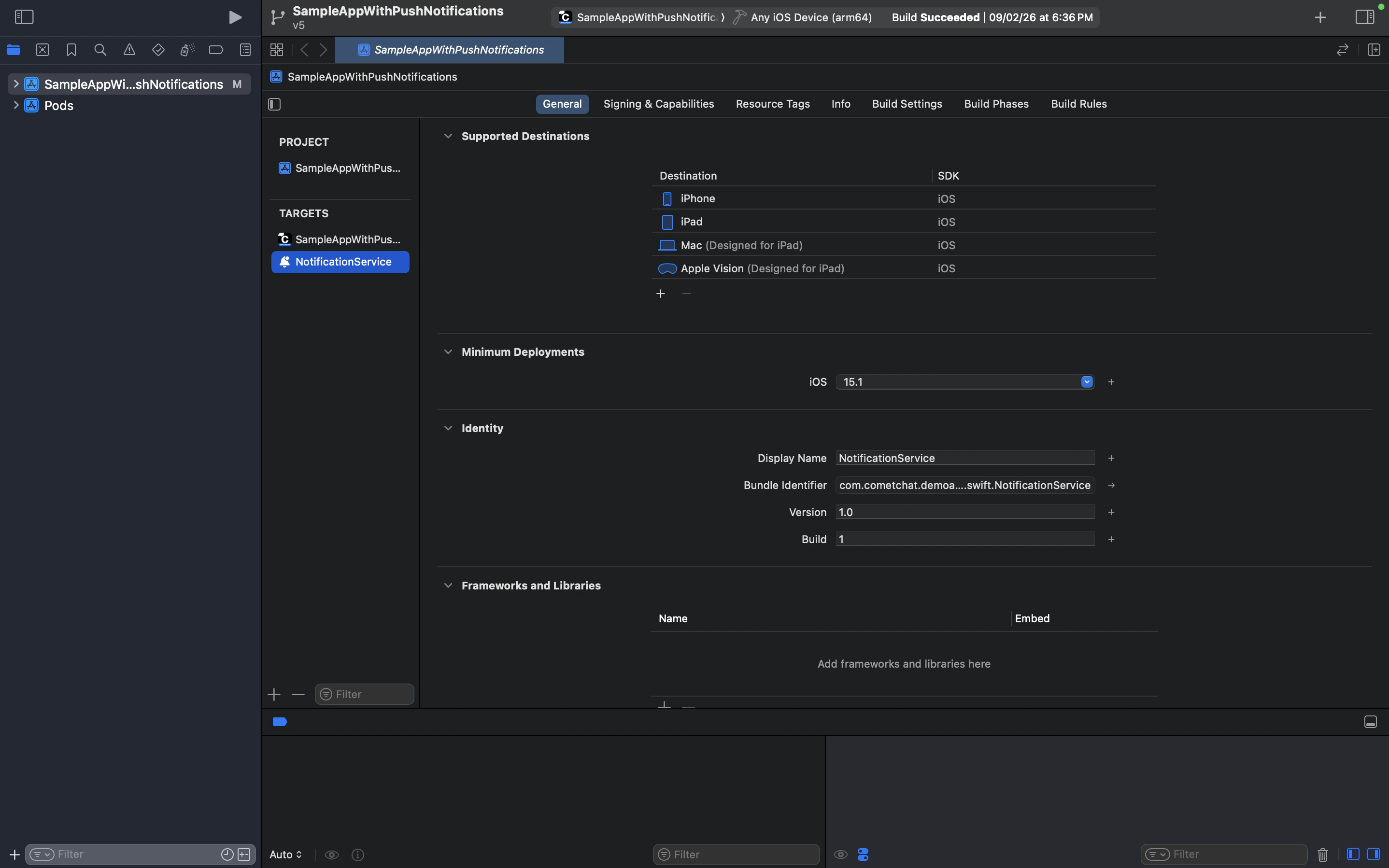 Xcode NotificationService target General tab showing bundle identifier