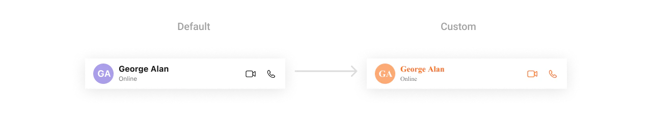CometChatMessageHeader with custom instance styling showing modified background color and text appearance