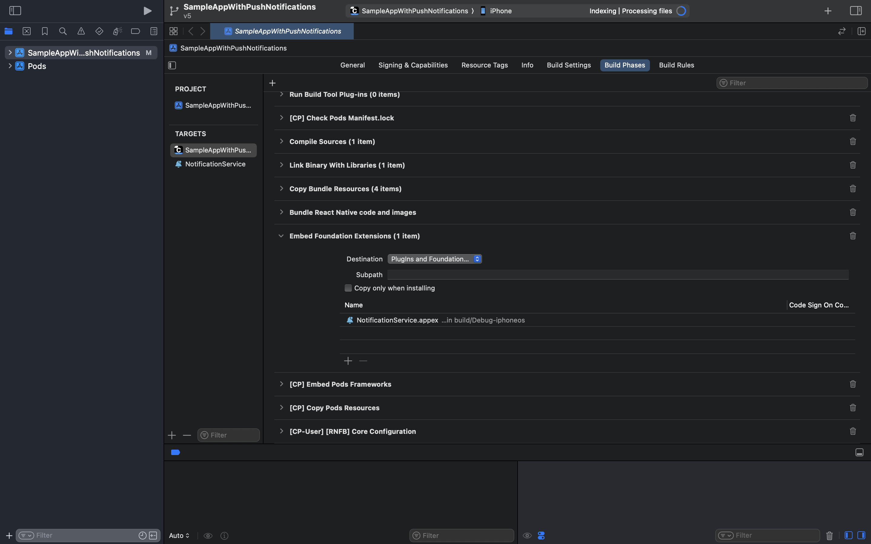 Xcode Build Phases showing Embed Foundation Extensions with NotificationService.appex