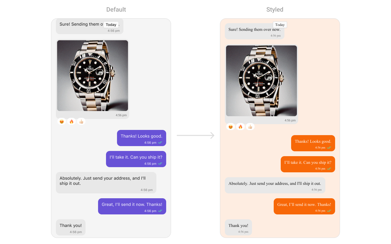 CometChatMessageList with custom styling applied showing modified background color and message bubble appearance