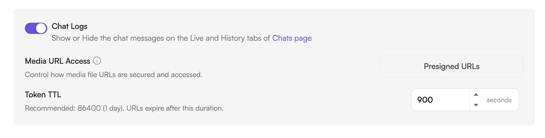 Pre-Signed URL TTL configuration in CometChat Dashboard
