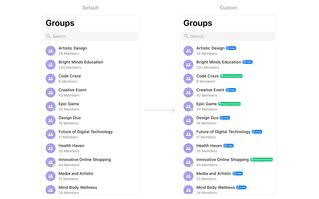CometChatGroups with custom titleView showing group name with public badge indicator