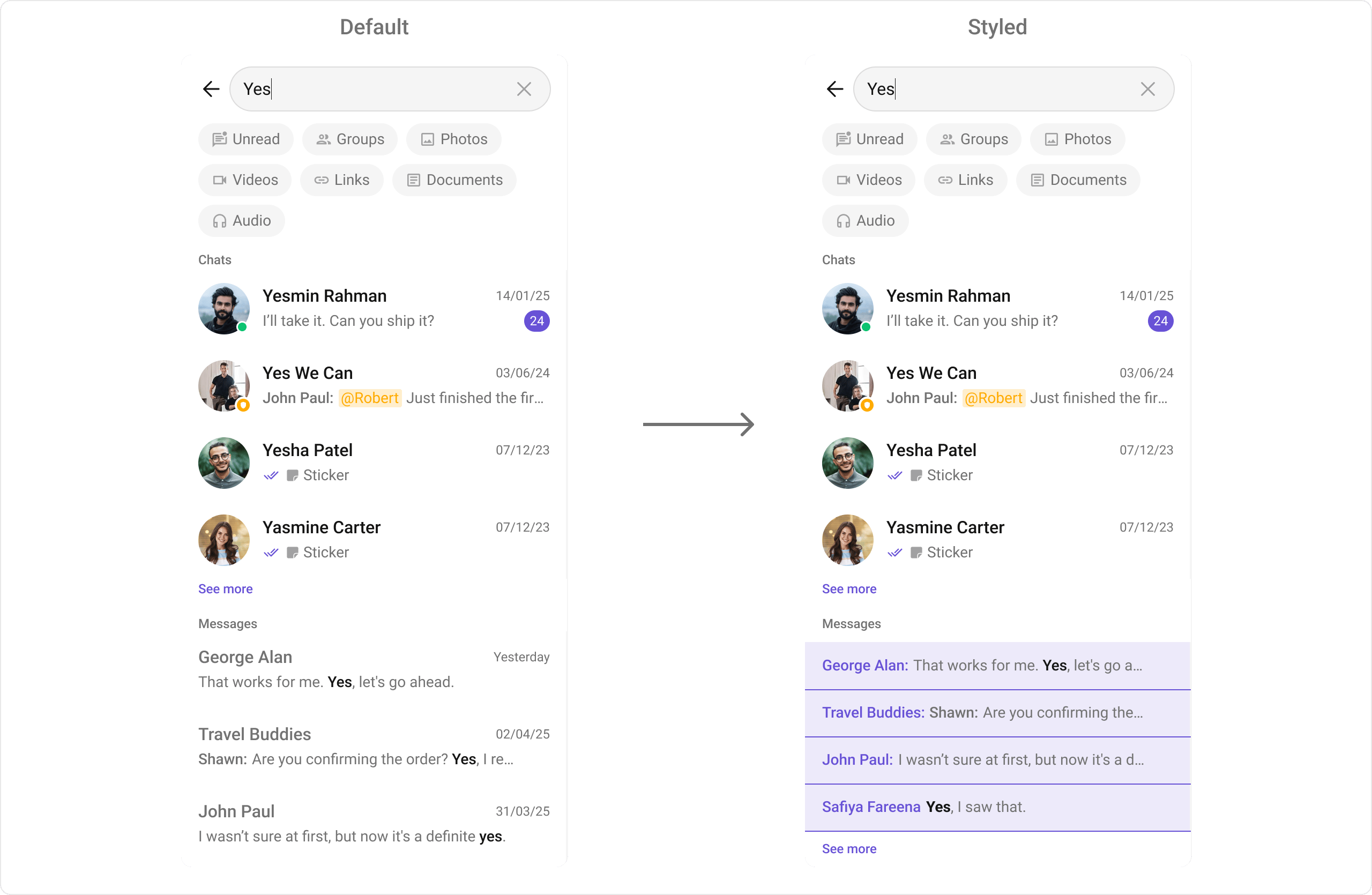 CometChatSearch with custom message item view showing sender name and message text in a customized layout with purple accent styling