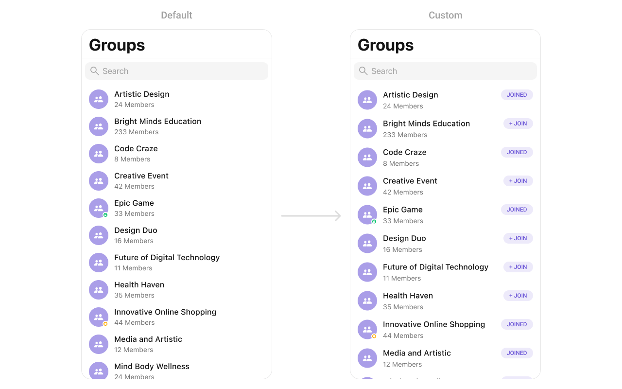 CometChatGroups with custom trailingView showing joined status badge on the right side