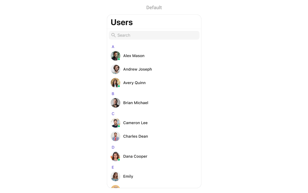 CometChatUsers showing a searchable list of users with avatars, names, and online/offline status indicators