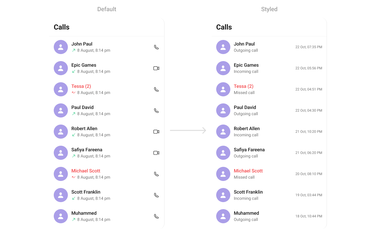 CometChatCallLogs with custom trail view showing call timestamp on the right side