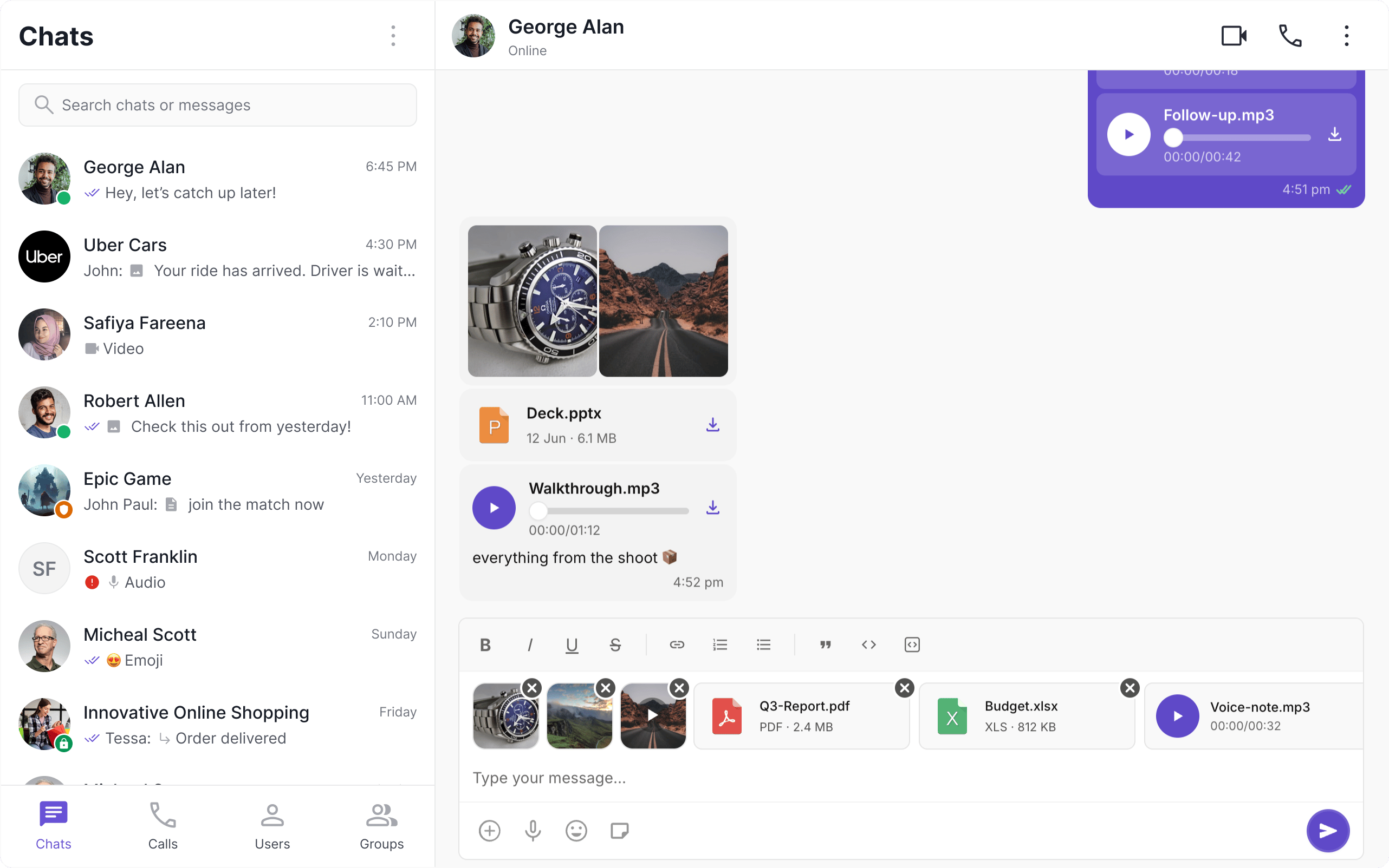 Chat screens showing images, videos, audio files, and documents shared in a conversation, including several attachments sent together in a single message