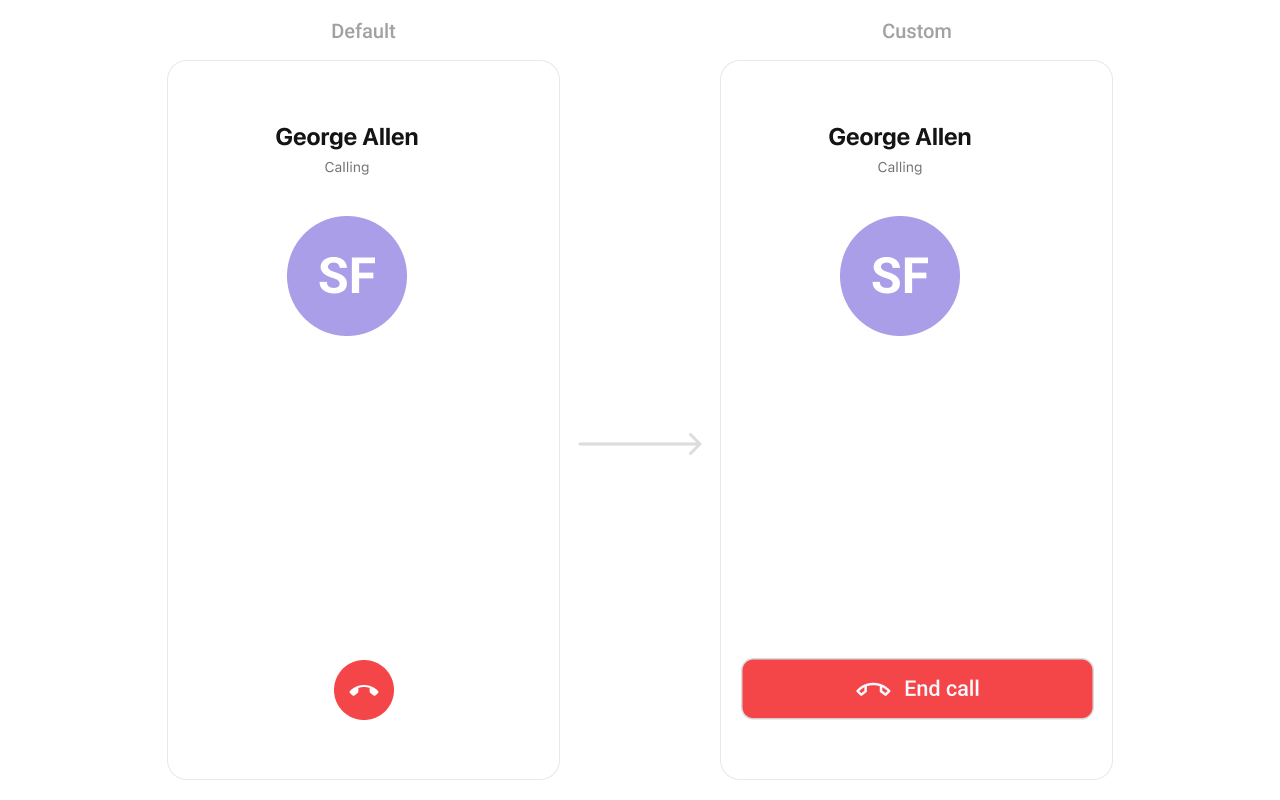 CometChatOutgoingCall with custom cancel view showing red End Call button with phone icon