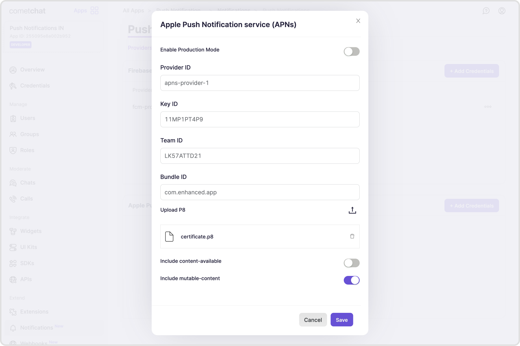 Upload APNs credentials