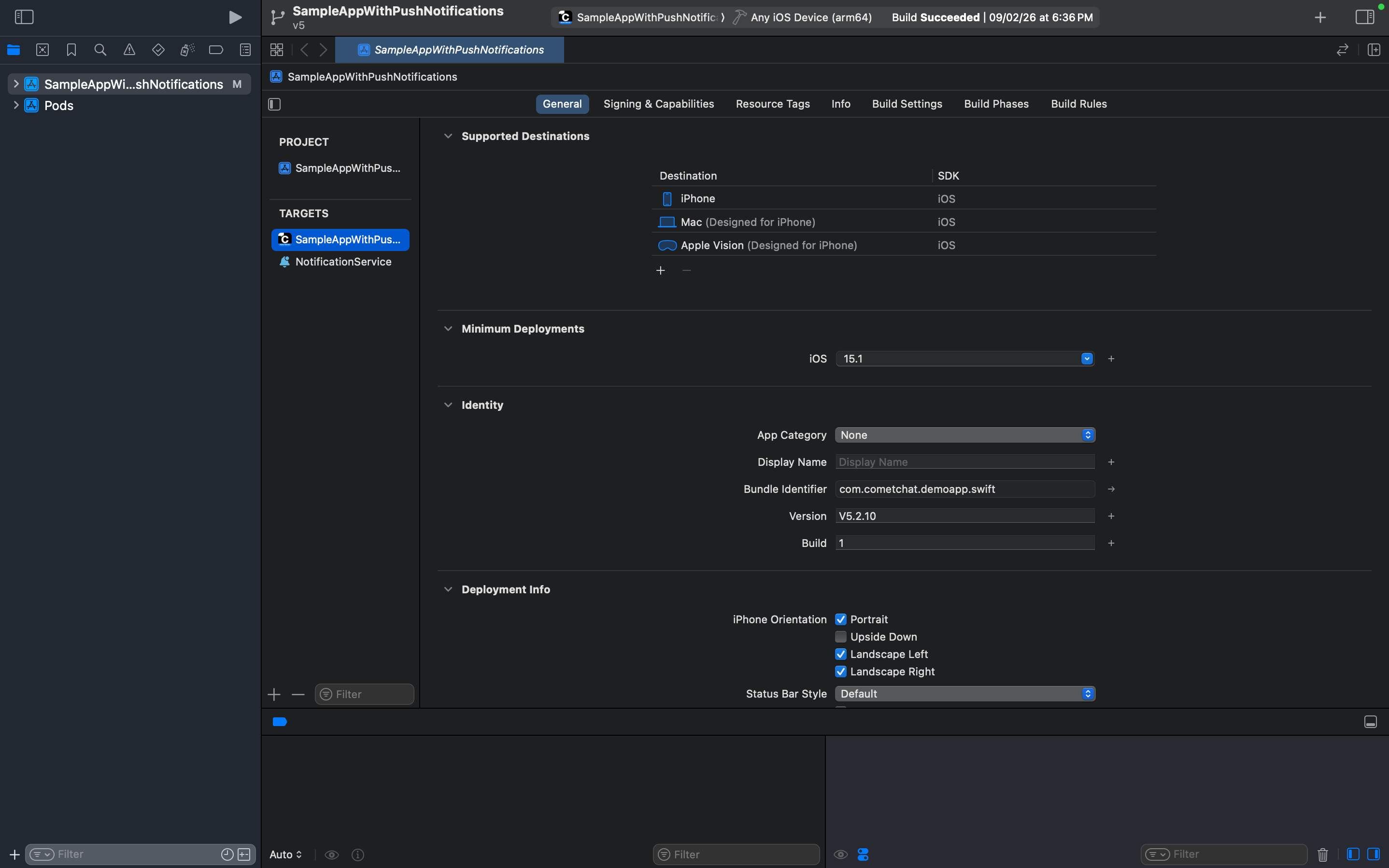 Xcode showing NotificationService listed under TARGETS in the main app