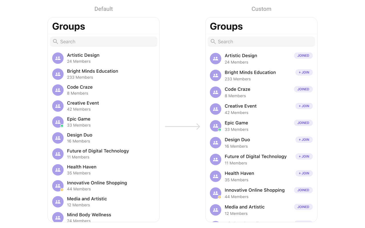 CometChatGroups with custom trailingView showing joined status badge on the right side
