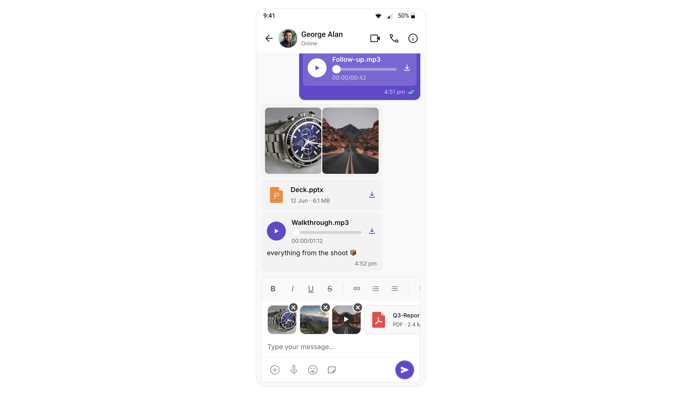 Multi-attachment message list showing an image grid, a file card, and an audio bubble with caption, plus the composer staging tray with mixed image, video, and file tiles