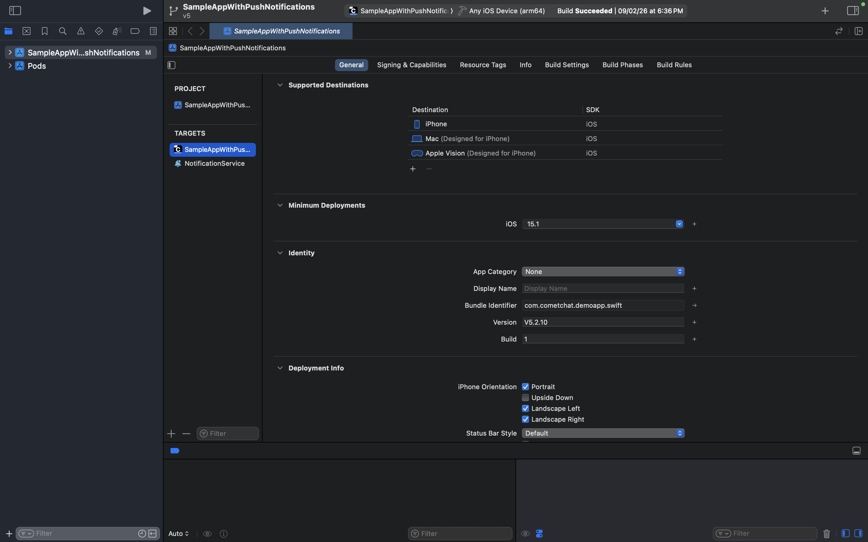 Xcode showing NotificationService listed under TARGETS in the main app