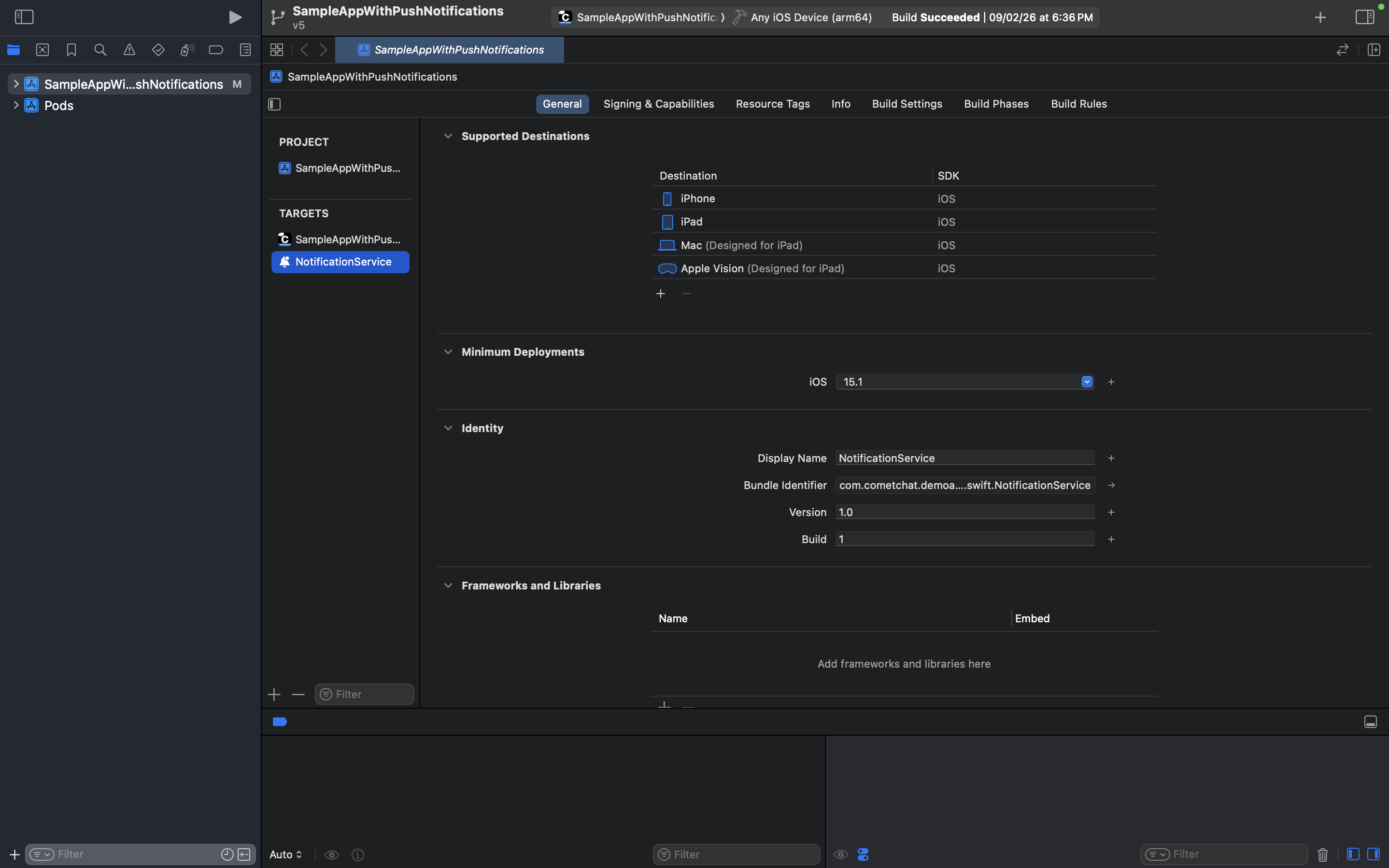 Xcode NotificationService target General tab showing bundle identifier