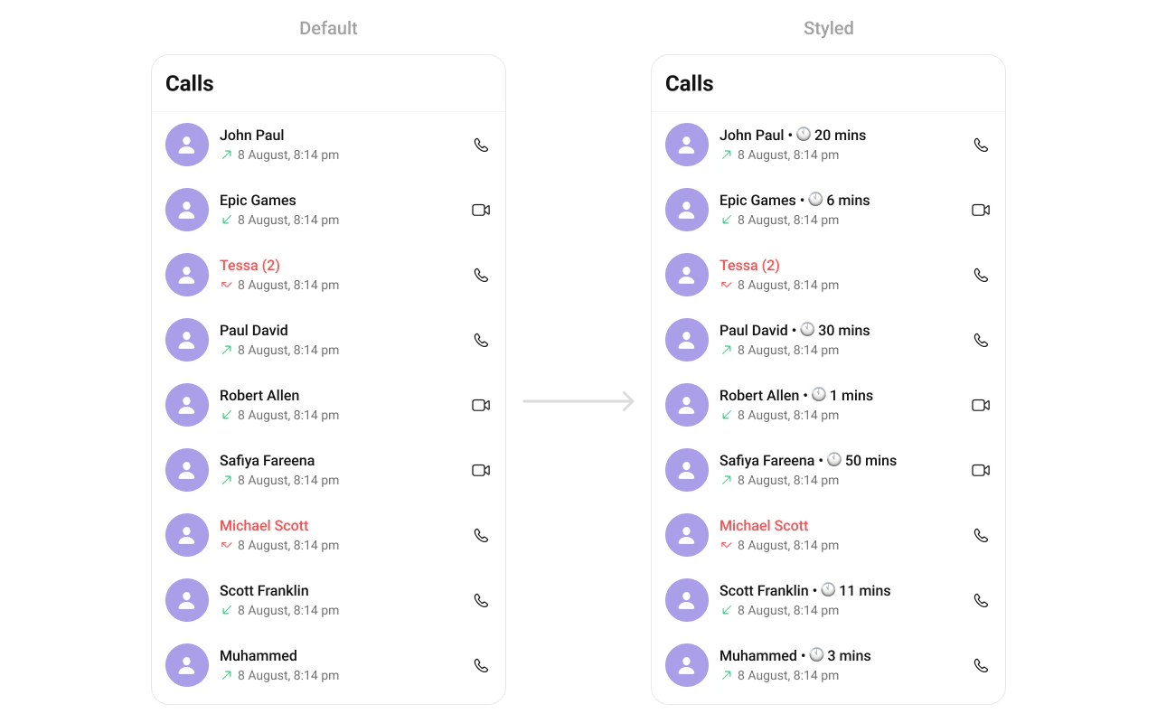 CometChatCallLogs with custom title view showing caller name with clock icon and duration