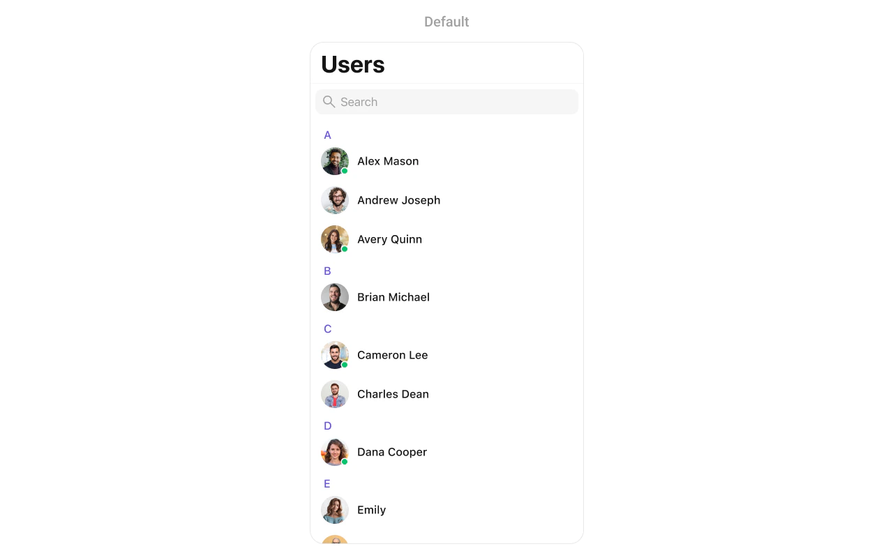 CometChatUsers showing a searchable list of users with avatars, names, and online/offline status indicators
