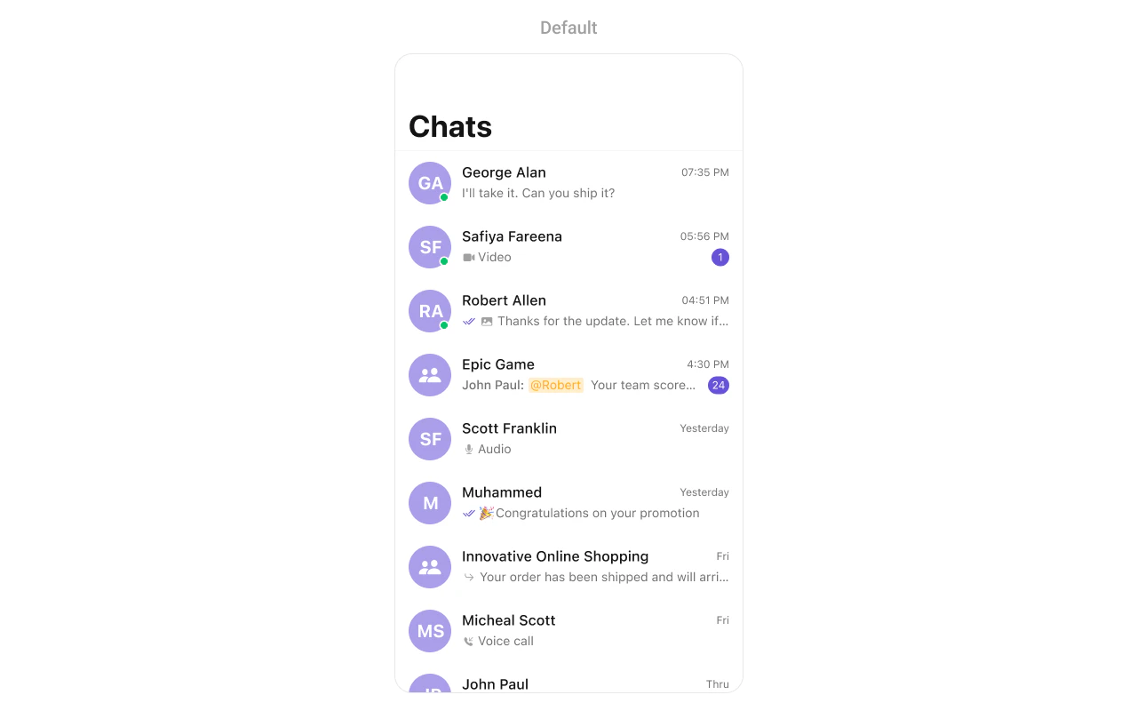 CometChatConversations showing a list of recent conversations with user avatars, last message previews, timestamps, and unread message badges