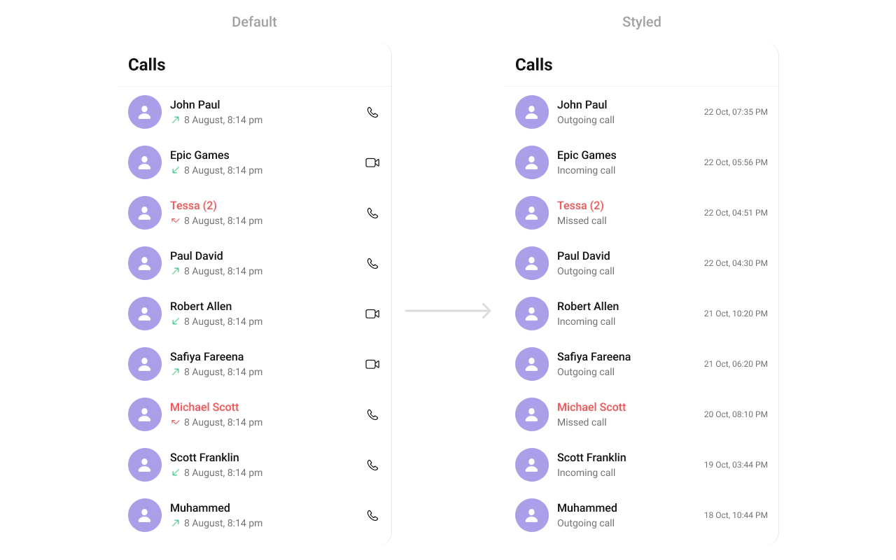 CometChatCallLogs with custom trail view showing call timestamp on the right side