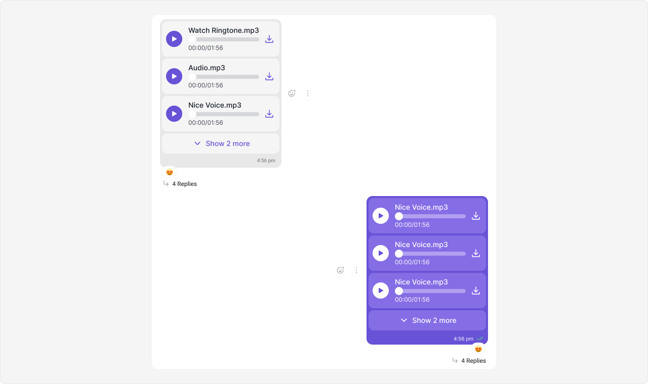 Incoming and outgoing audio bubbles, each showing three audio player rows with file name, scrubber, duration, and download control, plus a Show 2 more toggle