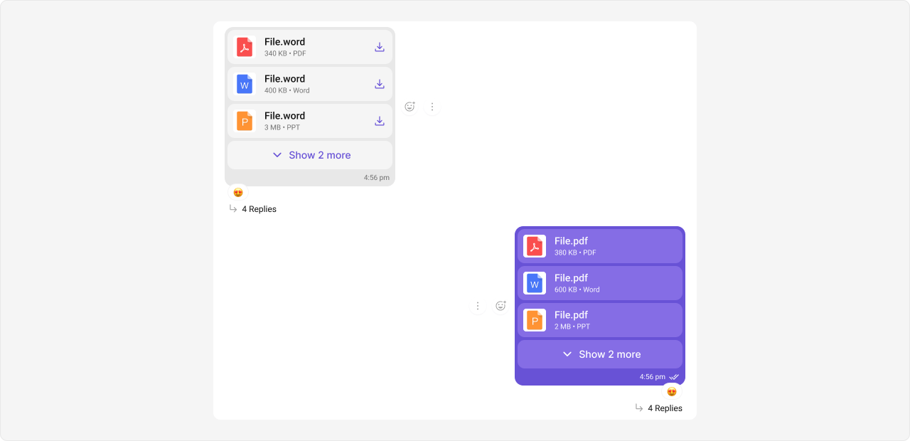 Incoming and outgoing file bubbles, each showing PDF, Word, and PowerPoint rows with file size and download control, plus a Show 2 more toggle