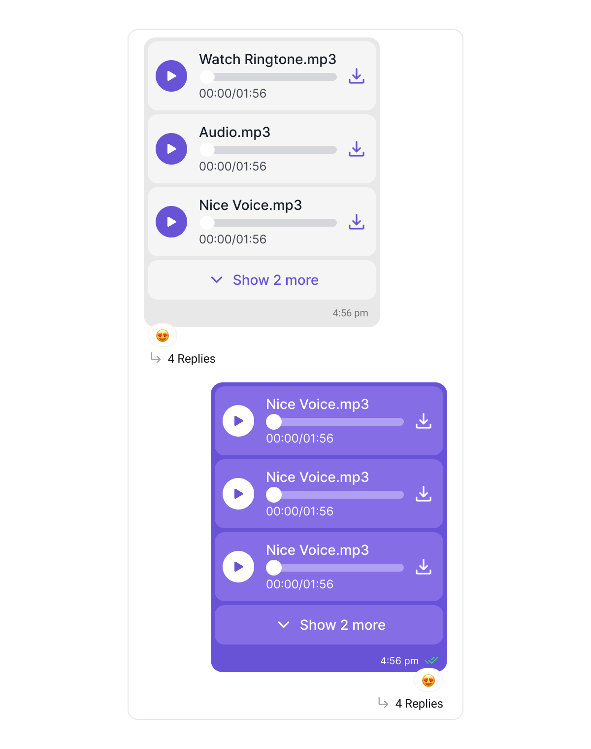 Audios bubble rendering a stack of inline audio player rows with a Show more toggle