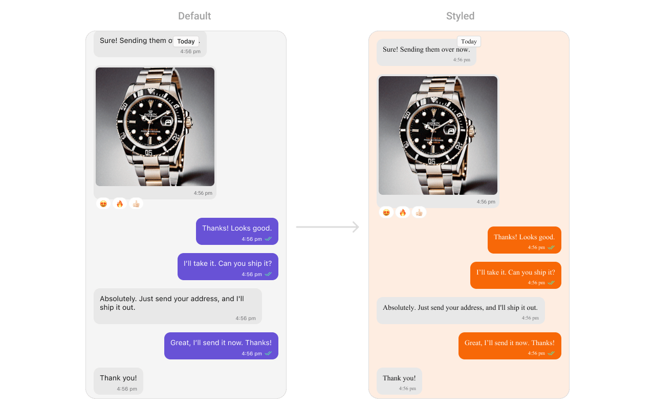 CometChatMessageList with custom styling applied showing modified background color and message bubble appearance