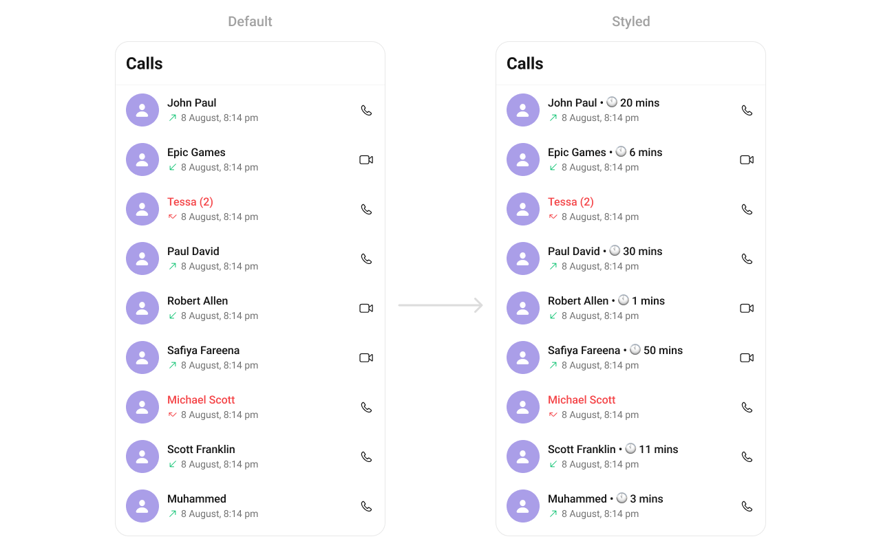 CometChatCallLogs with custom title view showing caller name with clock icon and duration