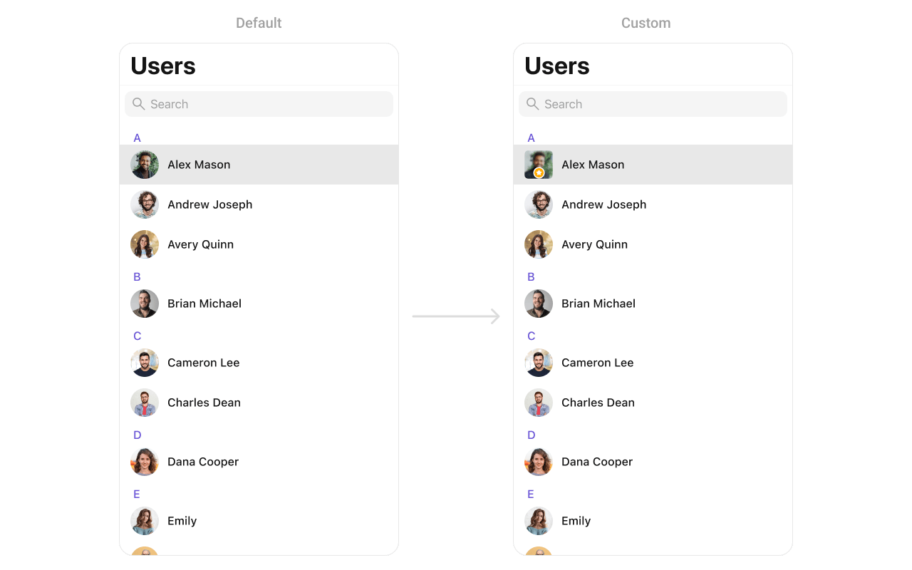 CometChatUsers with custom leadingView showing user avatars with a star badge overlay