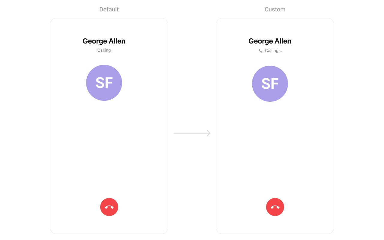 CometChatOutgoingCall with custom subtitle view showing phone icon and Calling status text
