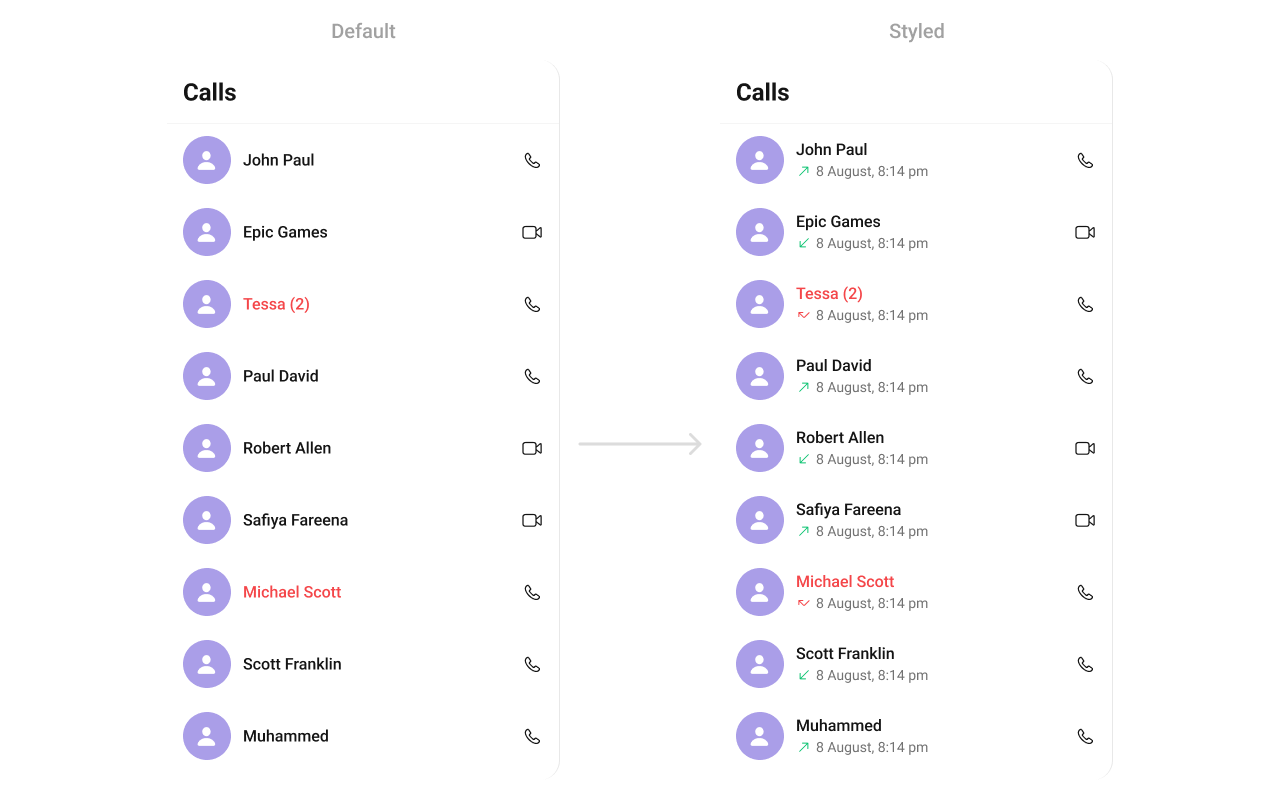 CometChatCallLogs with custom subtitle view showing call initiation timestamp